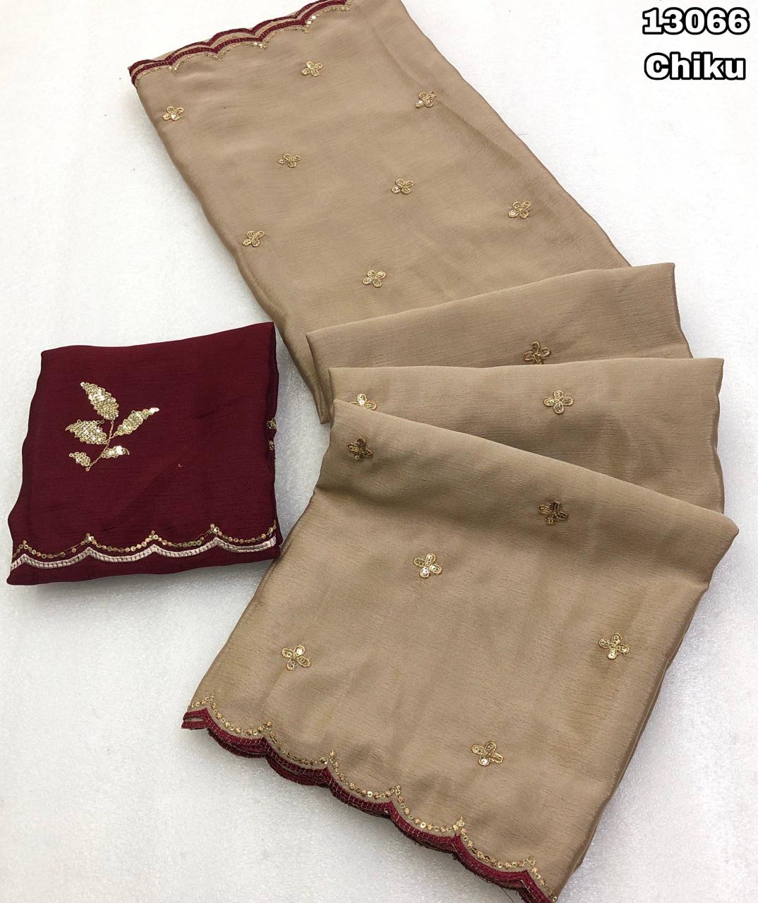 Elegant sarees with sequined borders and contrasting raw silk blouses.