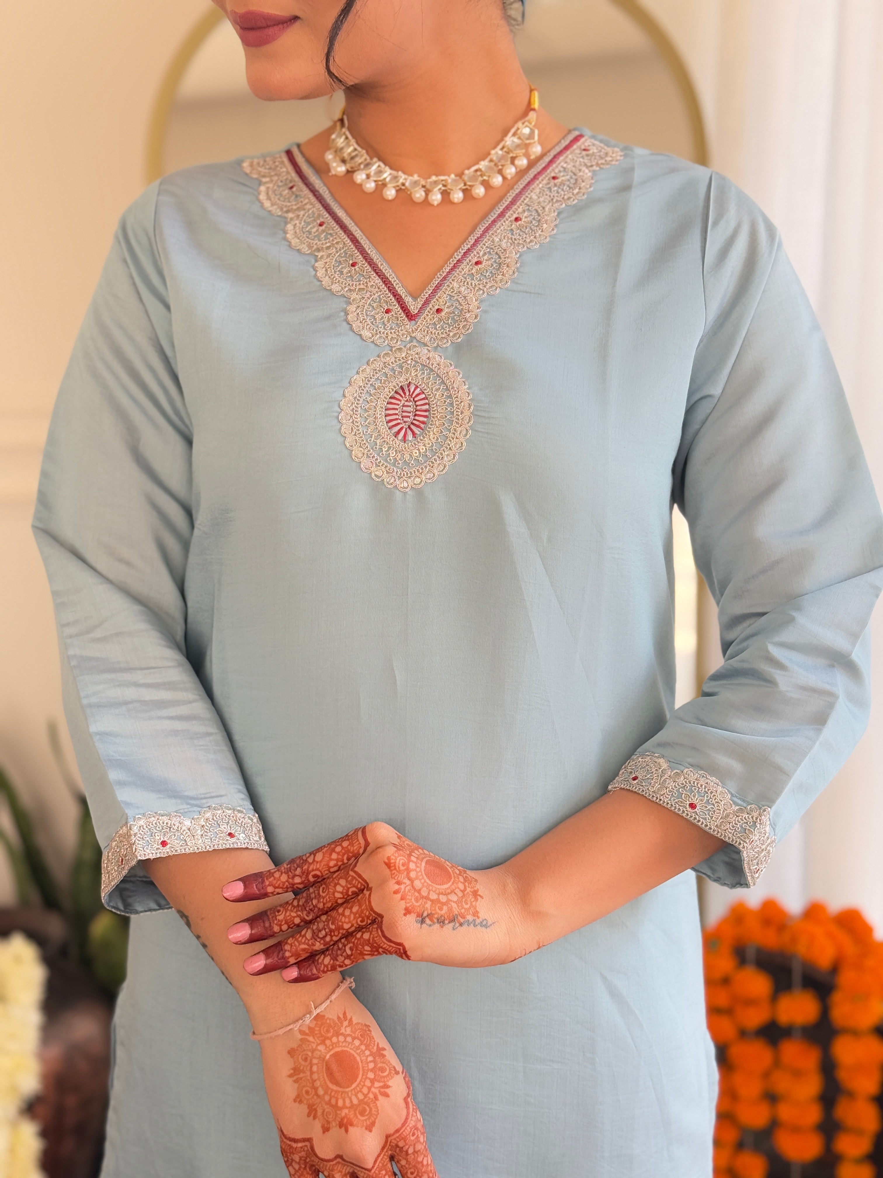 Elegant woman's traditional outfit in vibrant blue