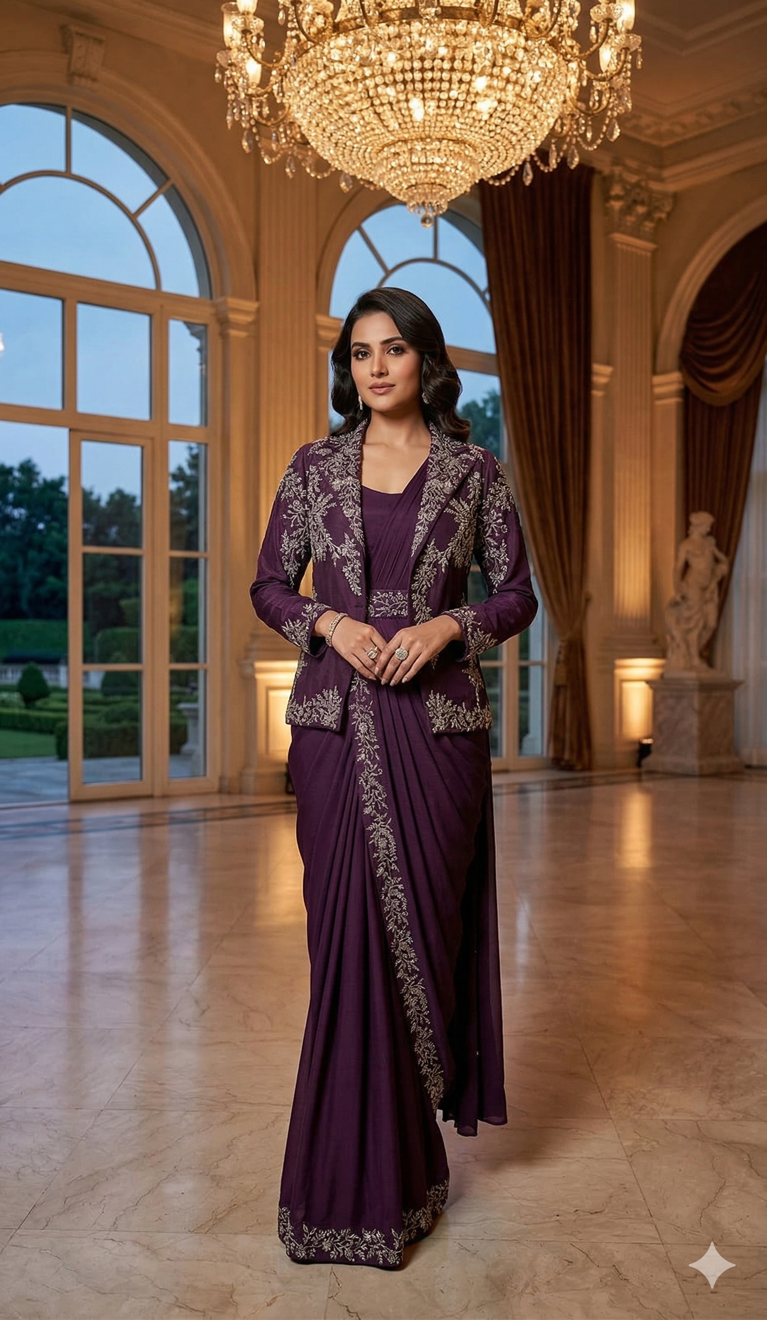 INDO-WESTERN READY TO WEAR SAREE WITH FULLY EMBROIDERED KOTI ON  CHINON FABRIC WITH STITCH BLOUSE & BELT