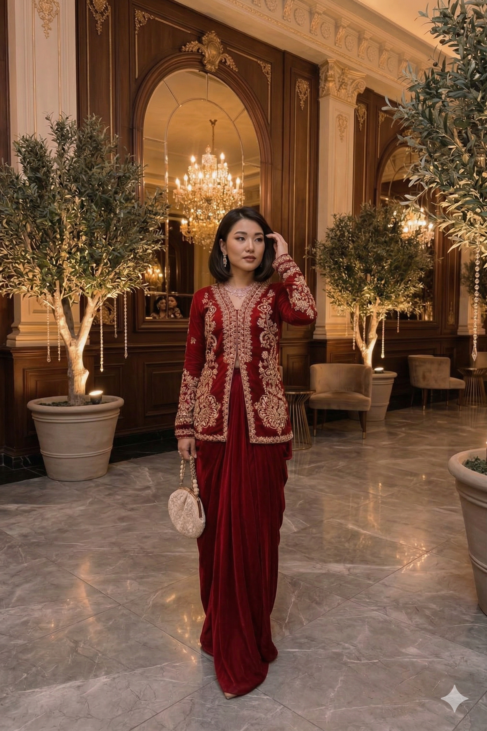 Woman in a red and gold outfit standing in an elegant interior setting with chandeliers and potted plants.