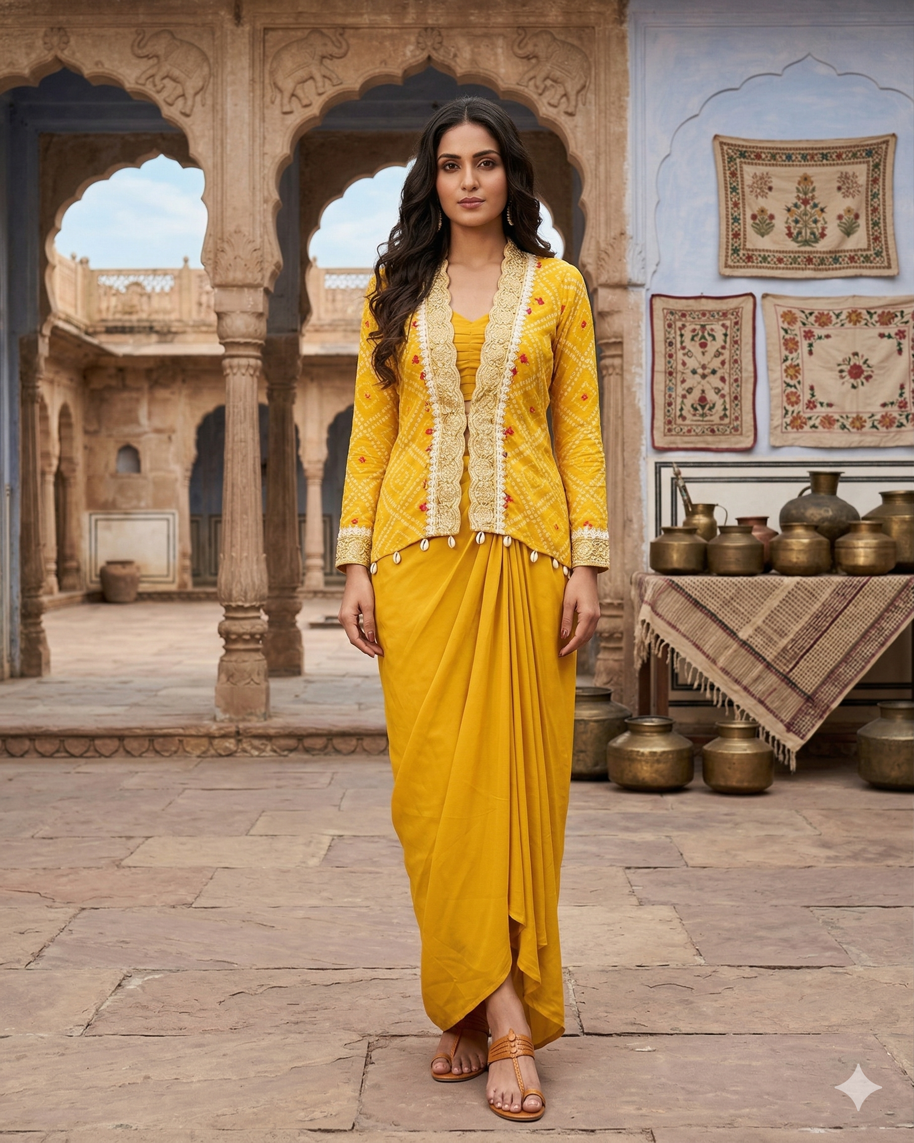 yellow Party Wear Koti with dhoti Style Sarara