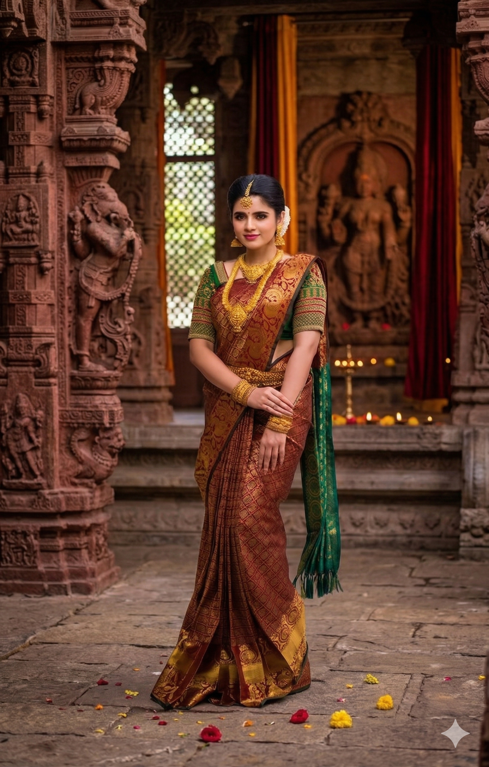 soft silk Red and Green  traditional motifs in gold zari