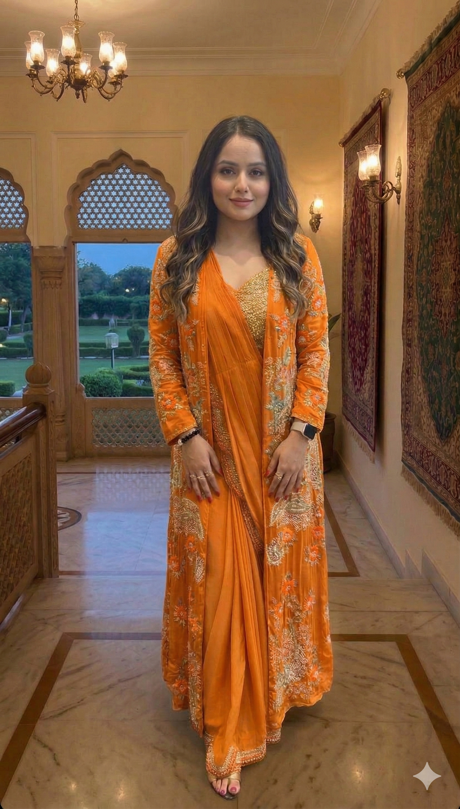 Woman in an orange traditional outfit standing in a decorated room with a garden view.