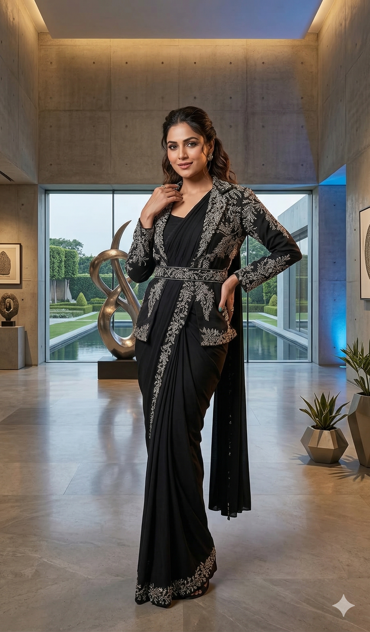 INDO-WESTERN READY TO WEAR SAREE WITH FULLY EMBROIDERED KOTI ON  CHINON FABRIC WITH STITCH BLOUSE & BELT