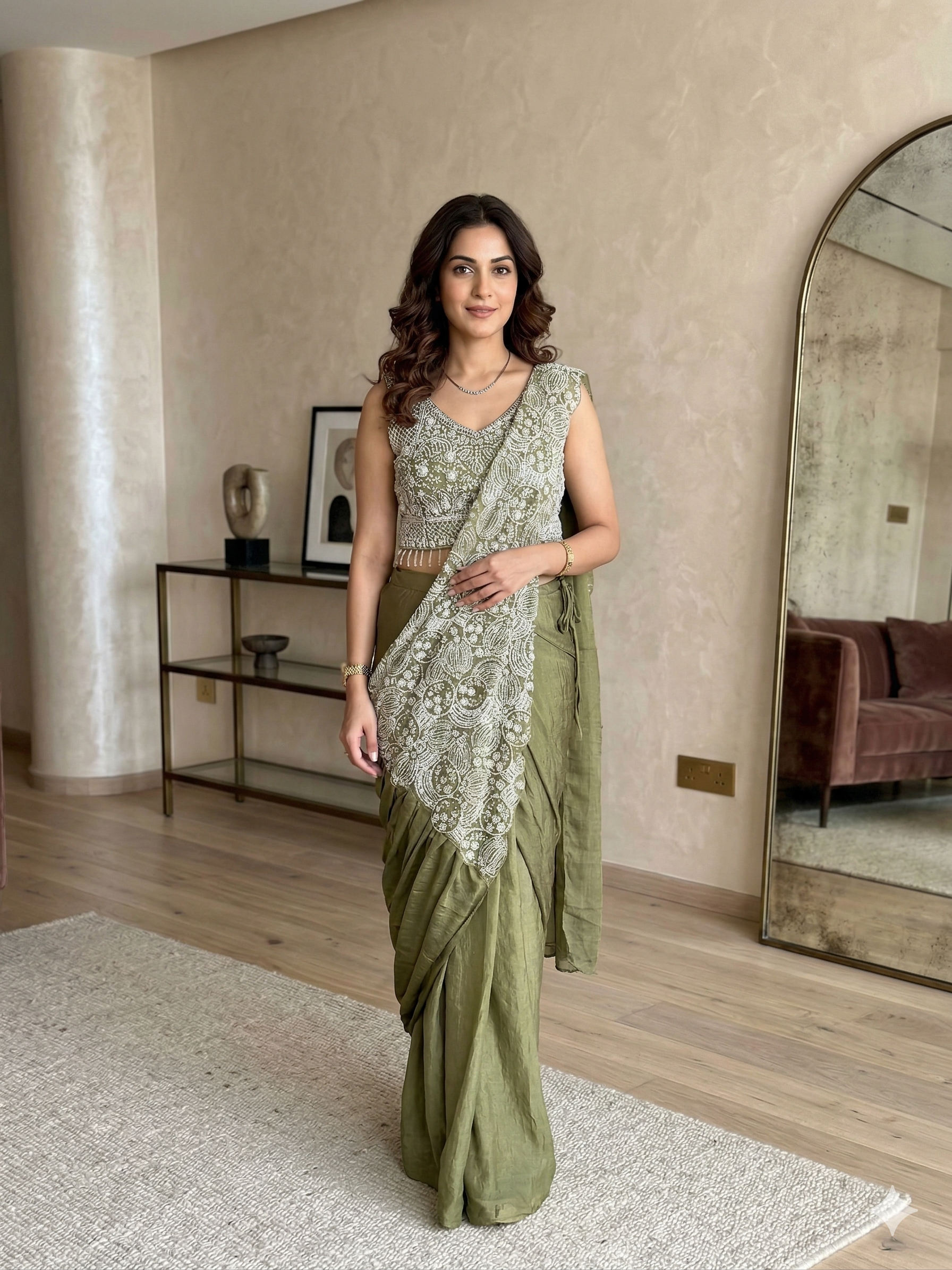READY TO WEAR SAREE WITH FULLY EMBROIDERED STYLIST BLOUSE ON  CHINON FABRIC