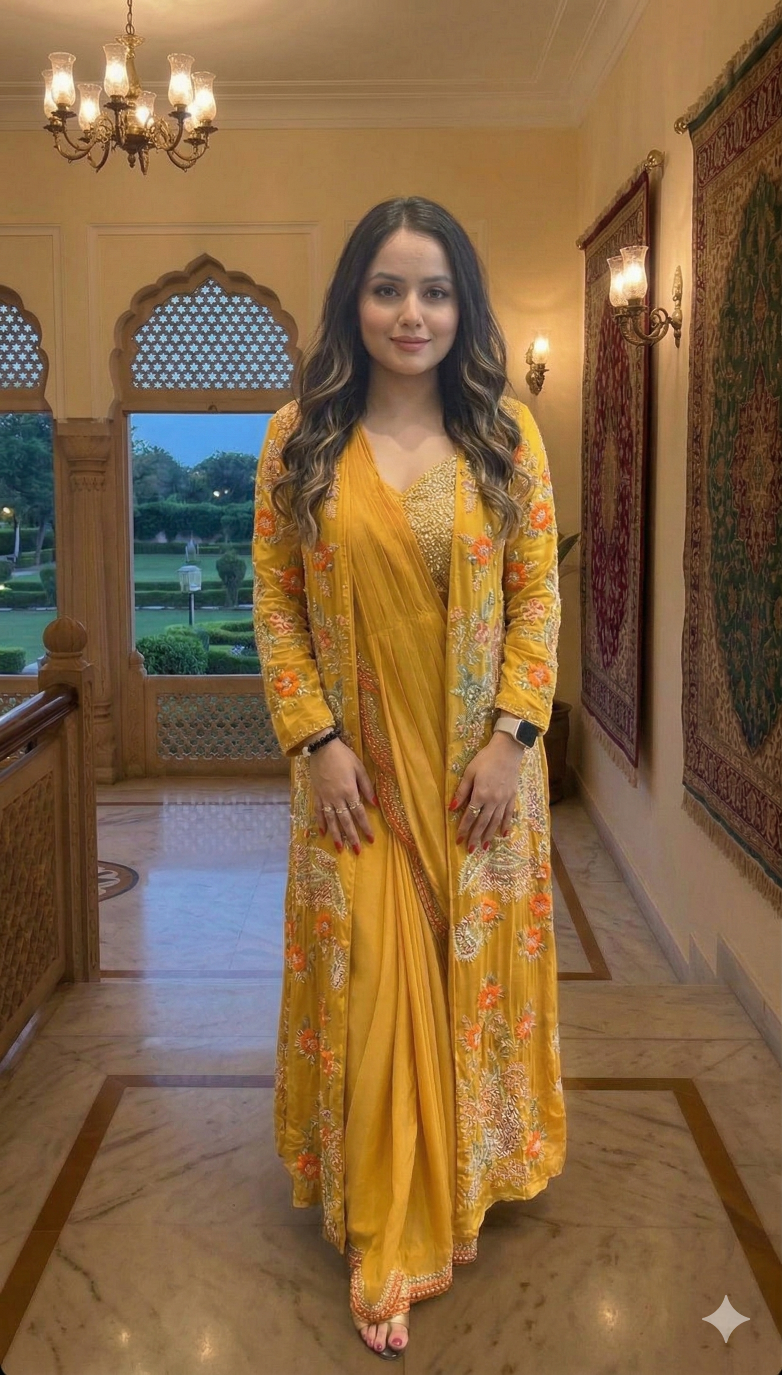 READY TO WEAR SAREE WITH FULLY EMBROIDERED KOTI ON  CHINON FABRIC WITH STITCH BLOUSE