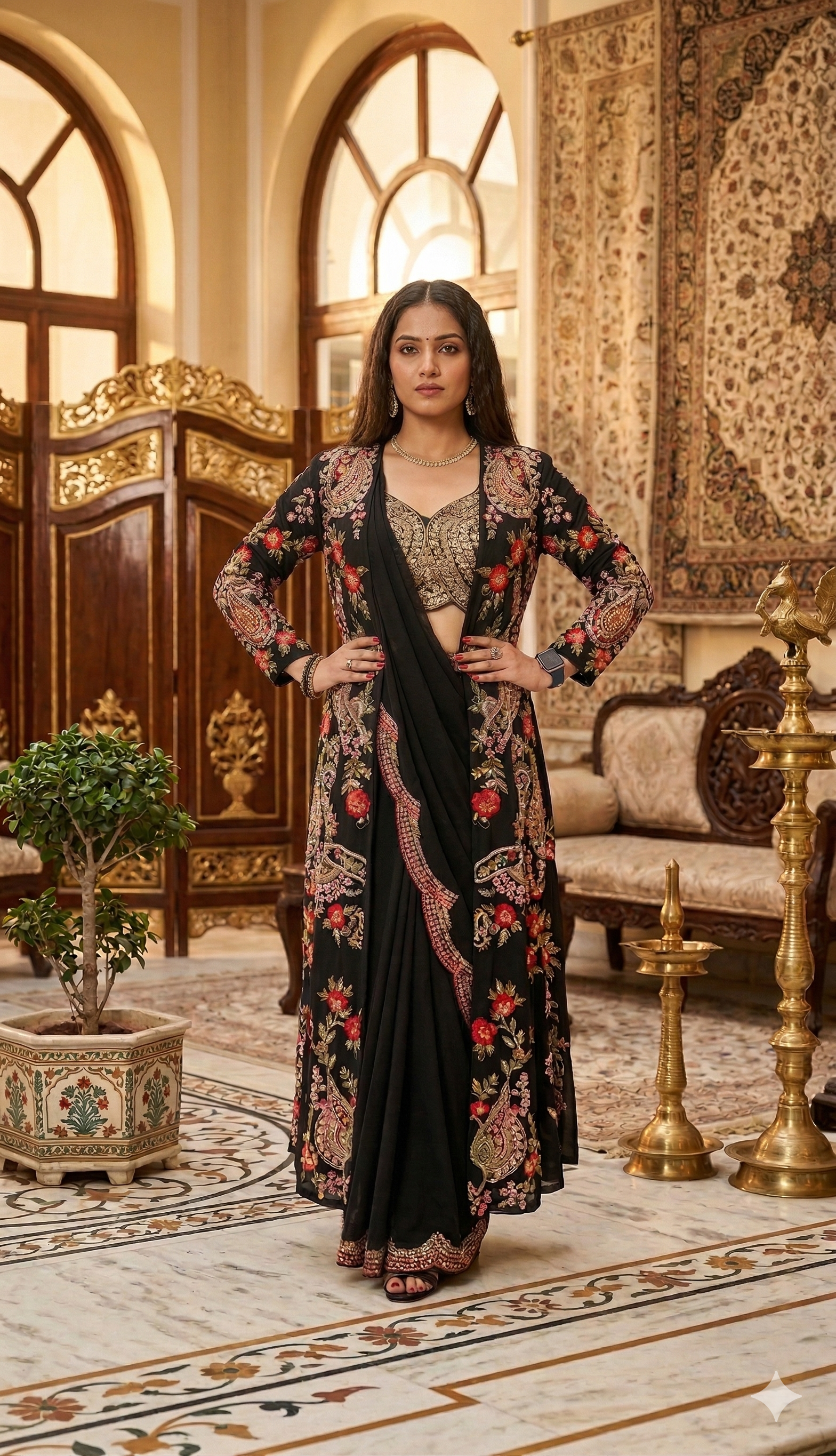 READY TO WEAR SAREE WITH FULLY EMBROIDERED KOTI ON  CHINON FABRIC WITH STITCH BLOUSE