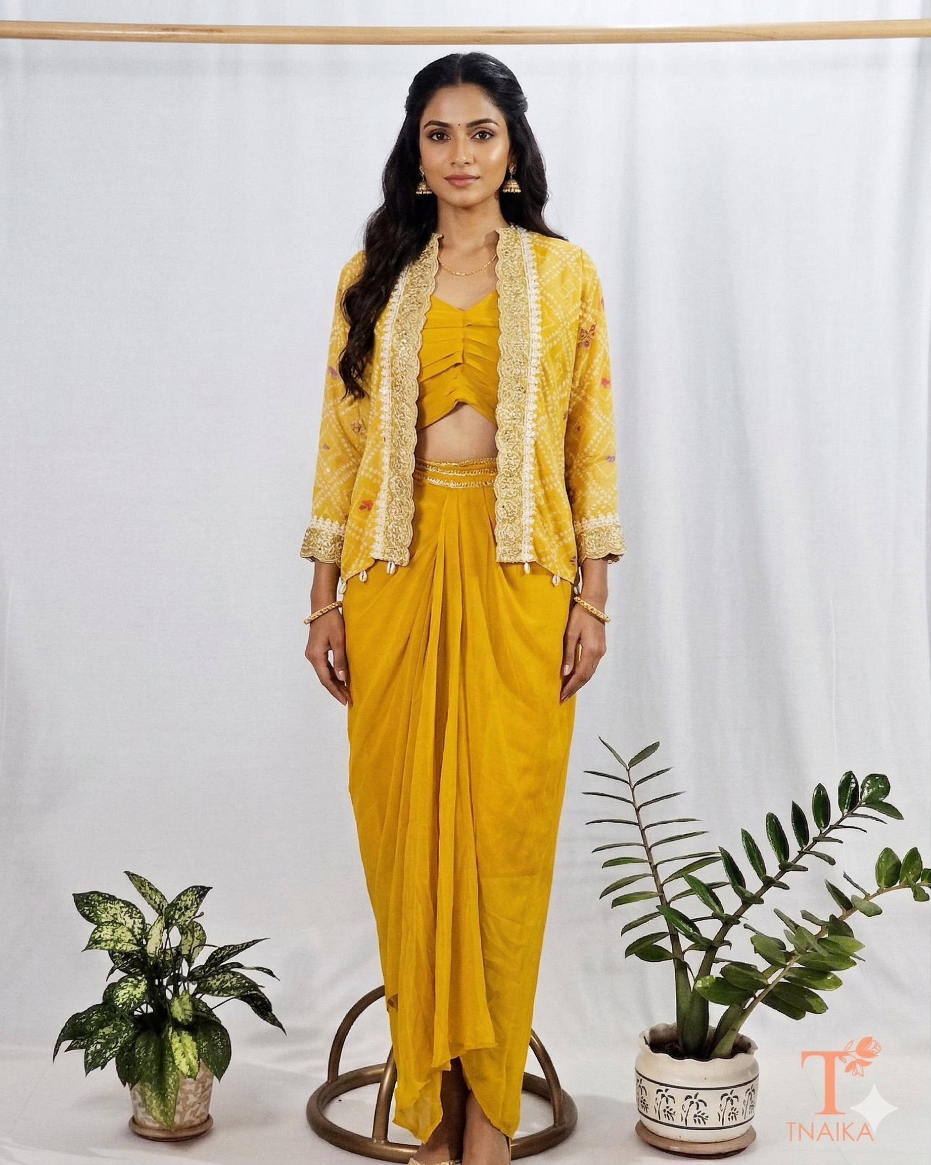 yellow Party Wear Koti with dhoti Style Sarara