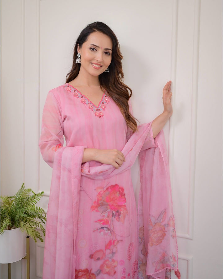 pink floral outfit .