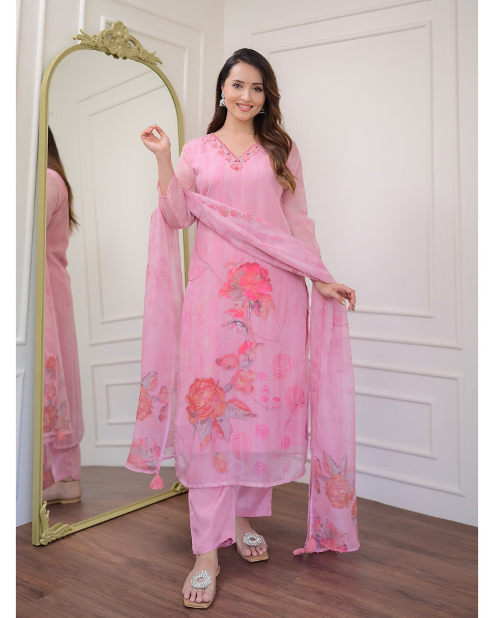 pink floral outfit .