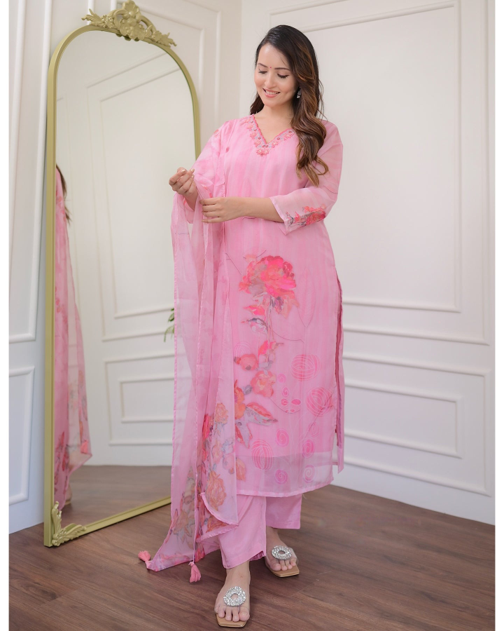 pink floral outfit .