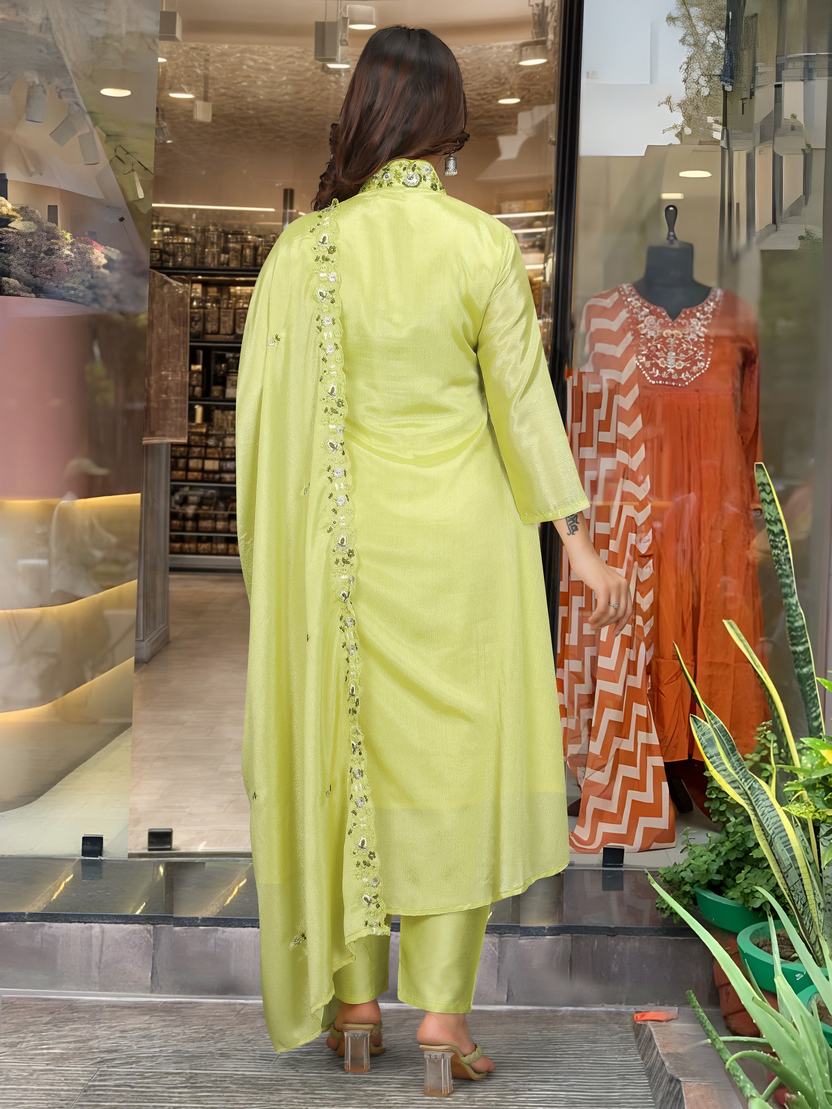 Woman in a light green traditional outfit with a matching dupatta