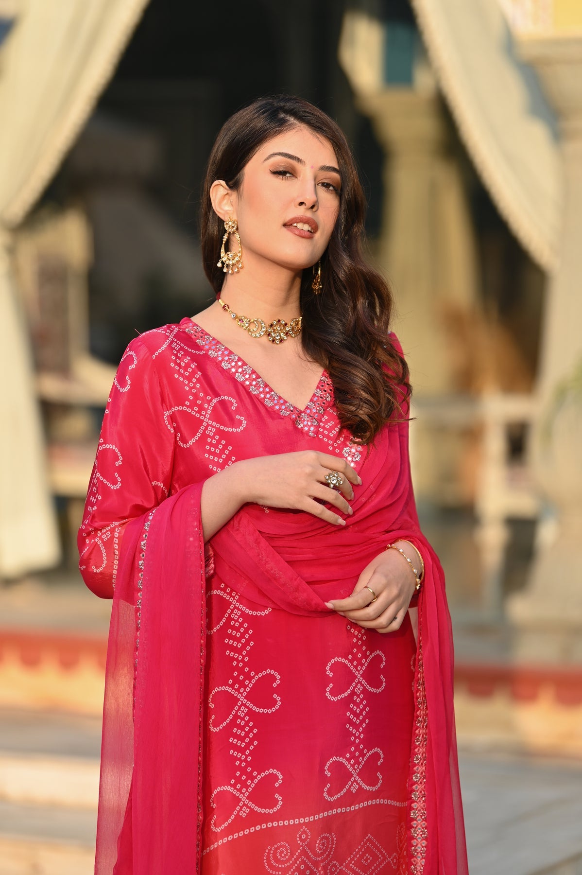 Embrace timeless elegance with this exquisite Chinon silk outfit in soft pink