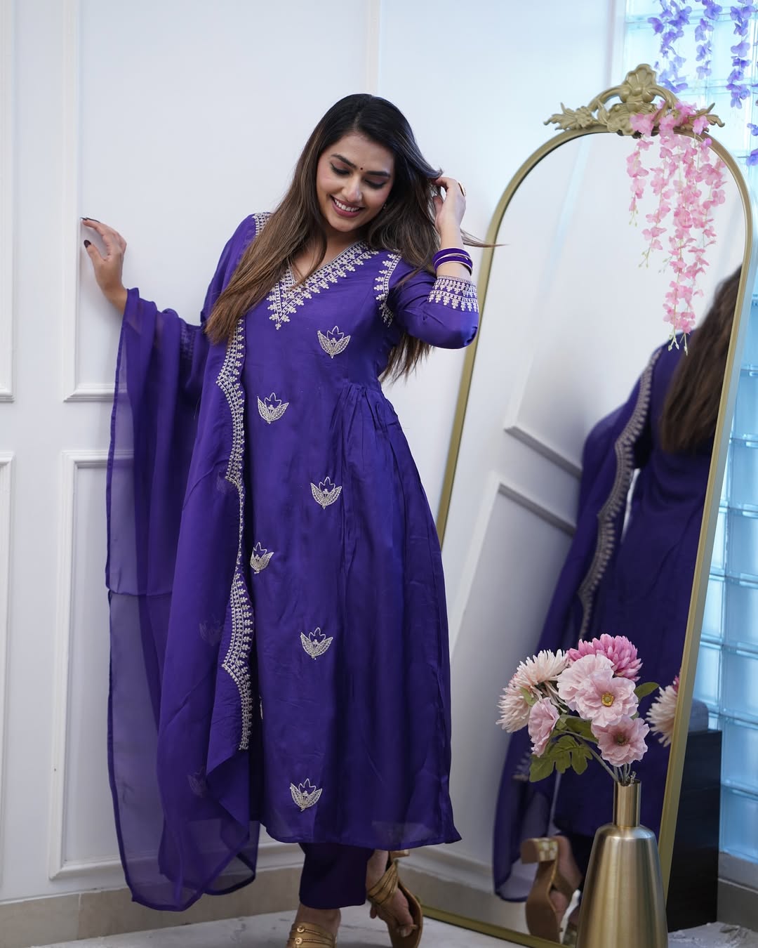purple with embroidery work  traditional outfit