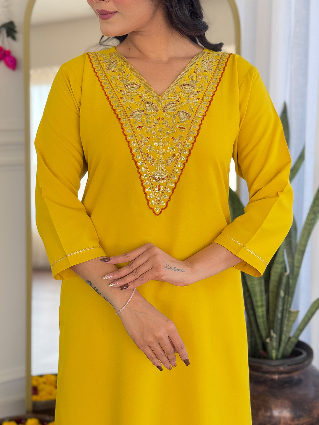 Embrace timeless elegance with this stunning yellow traditional outfit