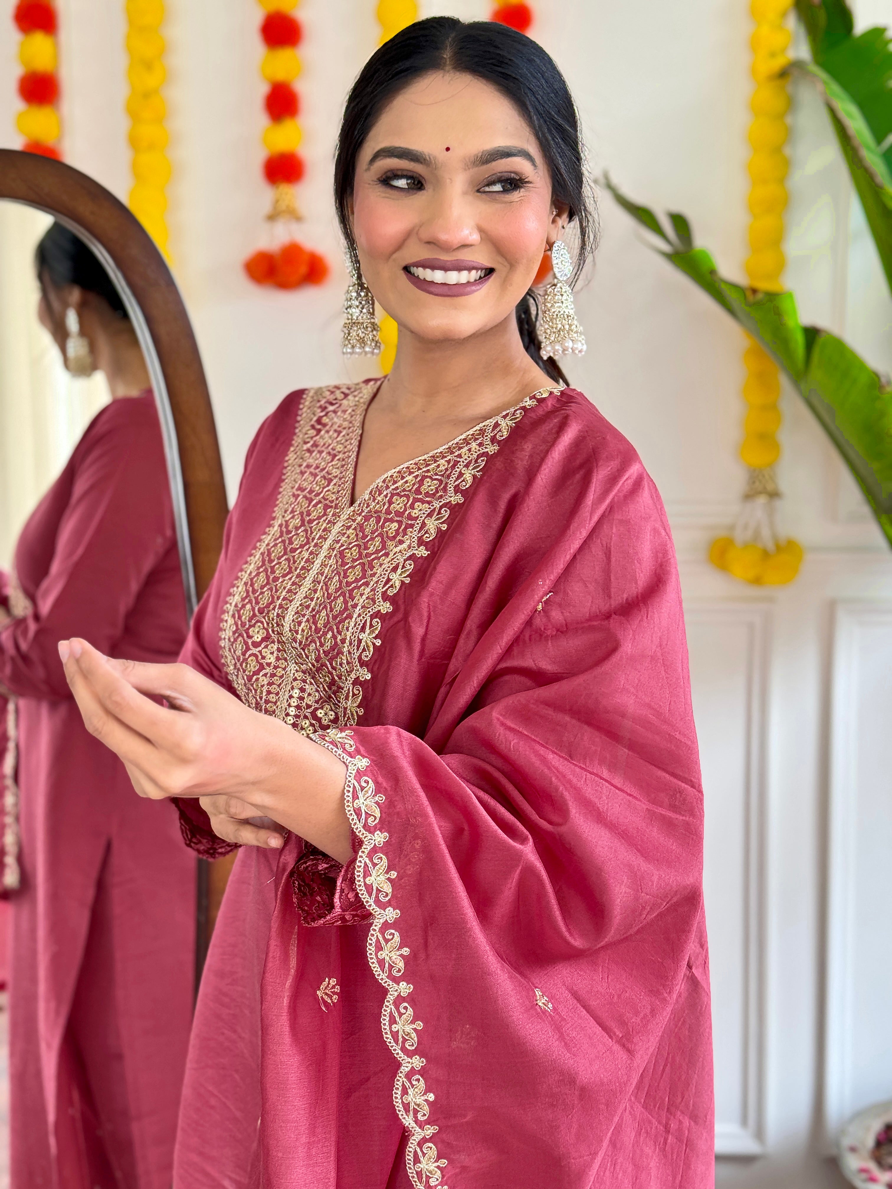  maroon traditional outfit with gold embroidery, 