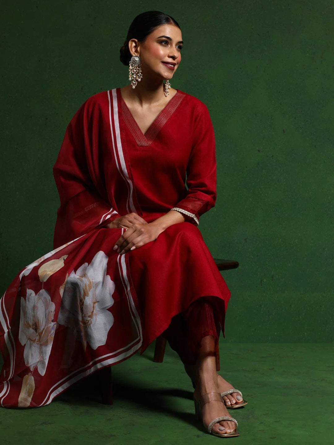 ethnic wardrobe with this stunning red dupatta with floral patterns