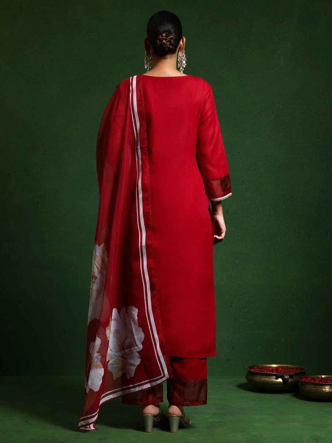 ethnic wardrobe with this stunning red dupatta with floral patterns