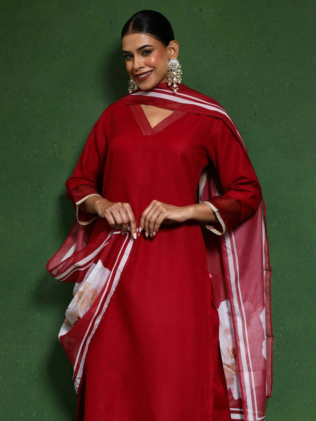 ethnic wardrobe with this stunning red dupatta with floral patterns