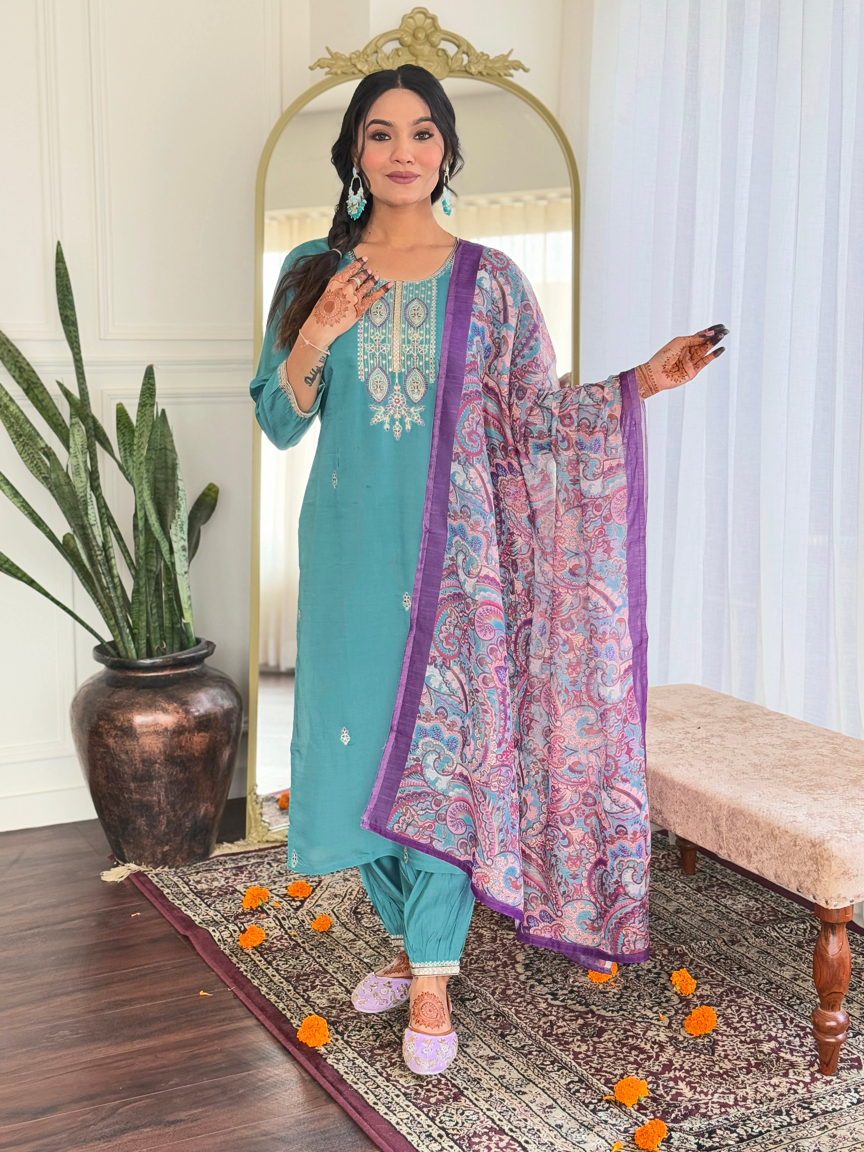 Light blue kurta featuring an elegantly printed dupatta