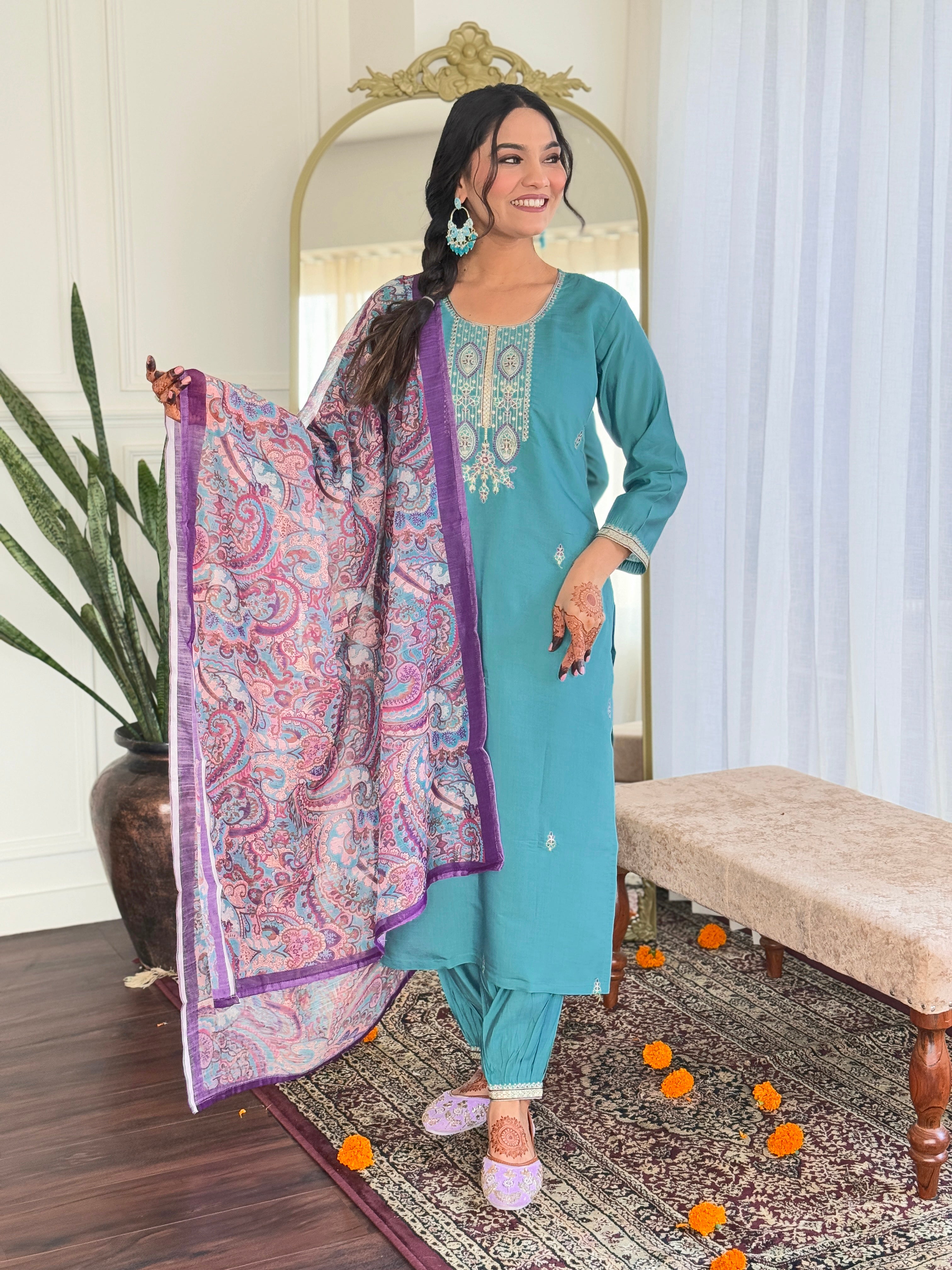 Light blue kurta featuring an elegantly printed dupatta