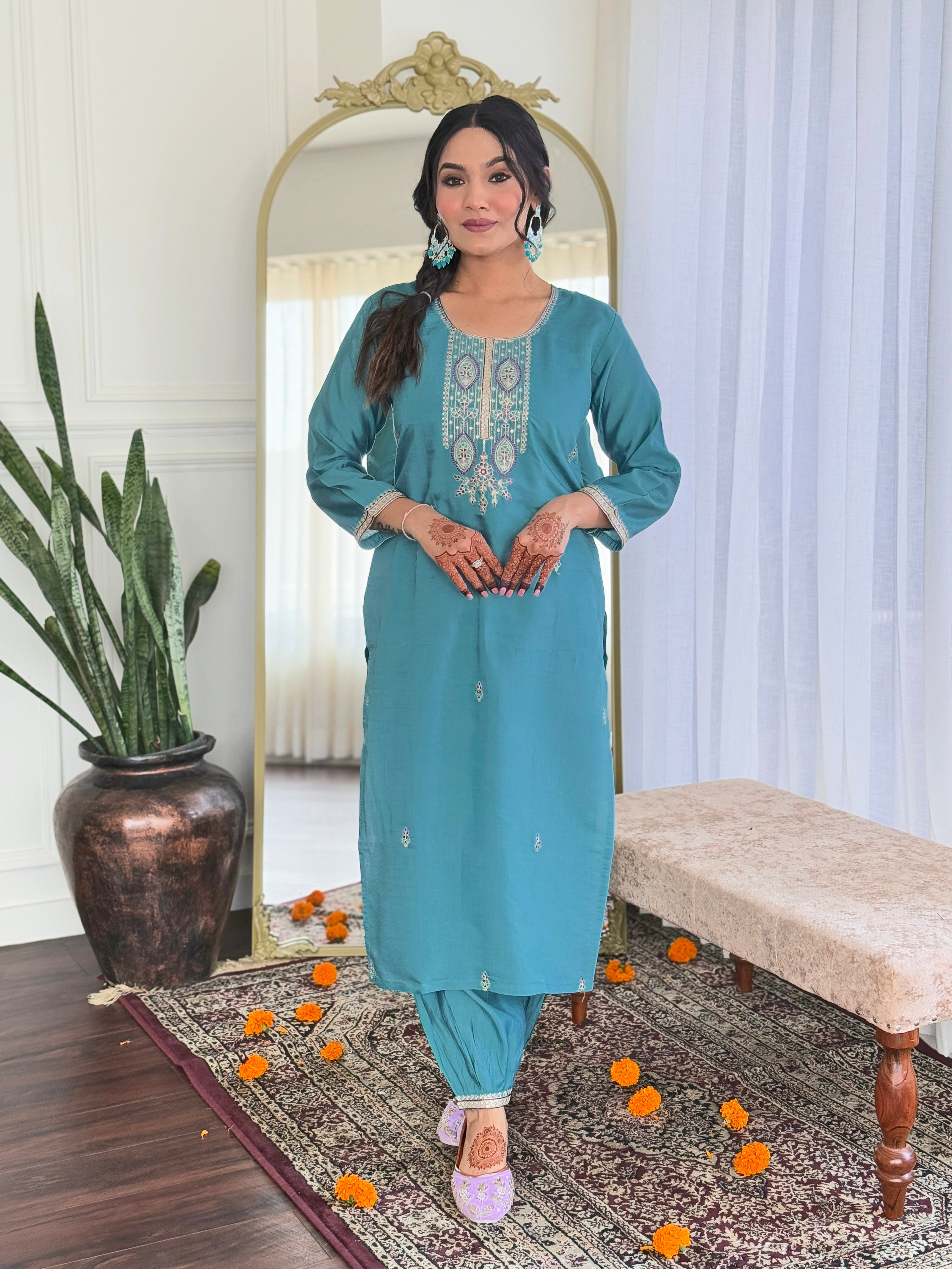 Light blue kurta featuring an elegantly printed dupatta