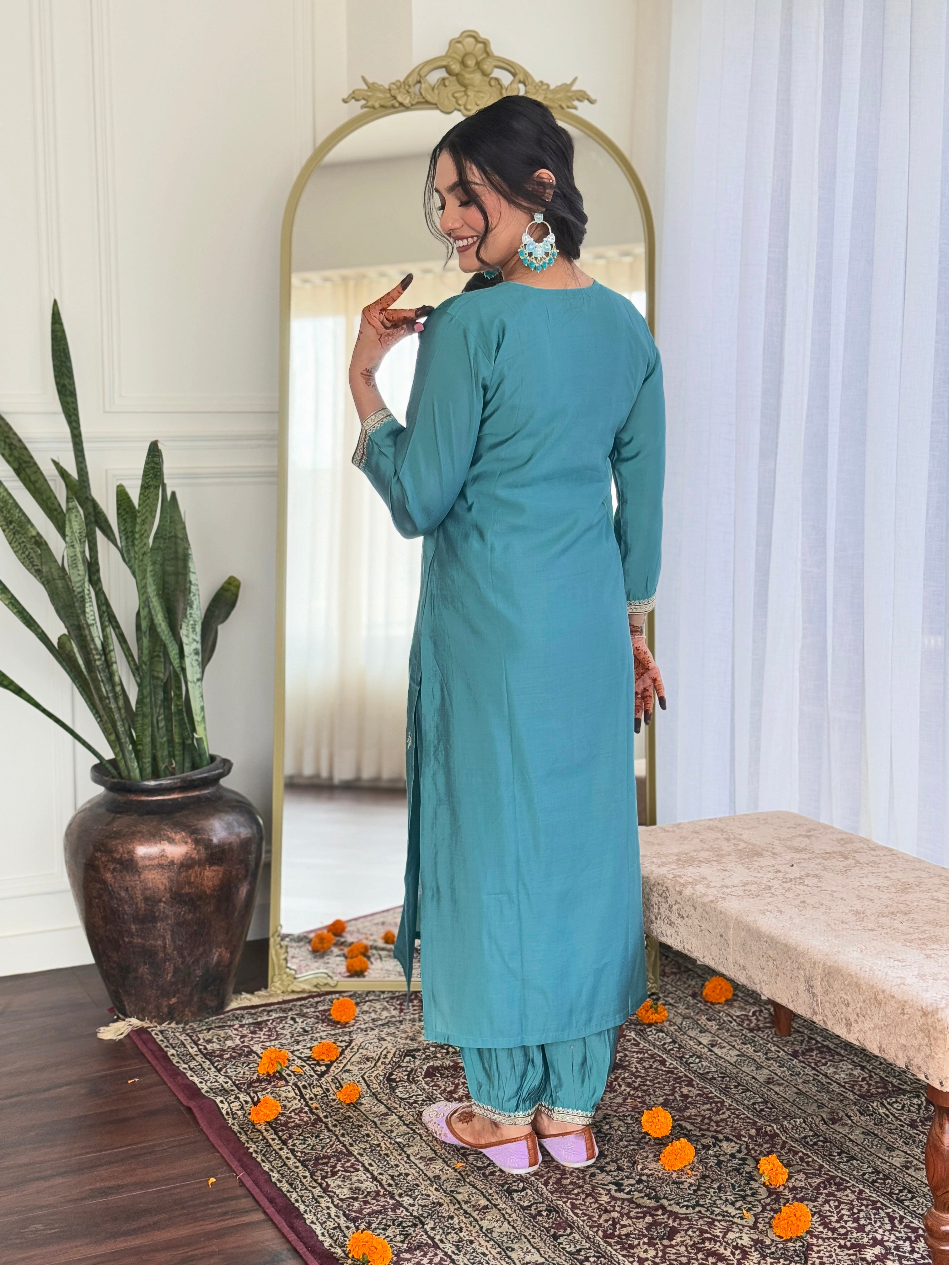 Light blue kurta featuring an elegantly printed dupatta