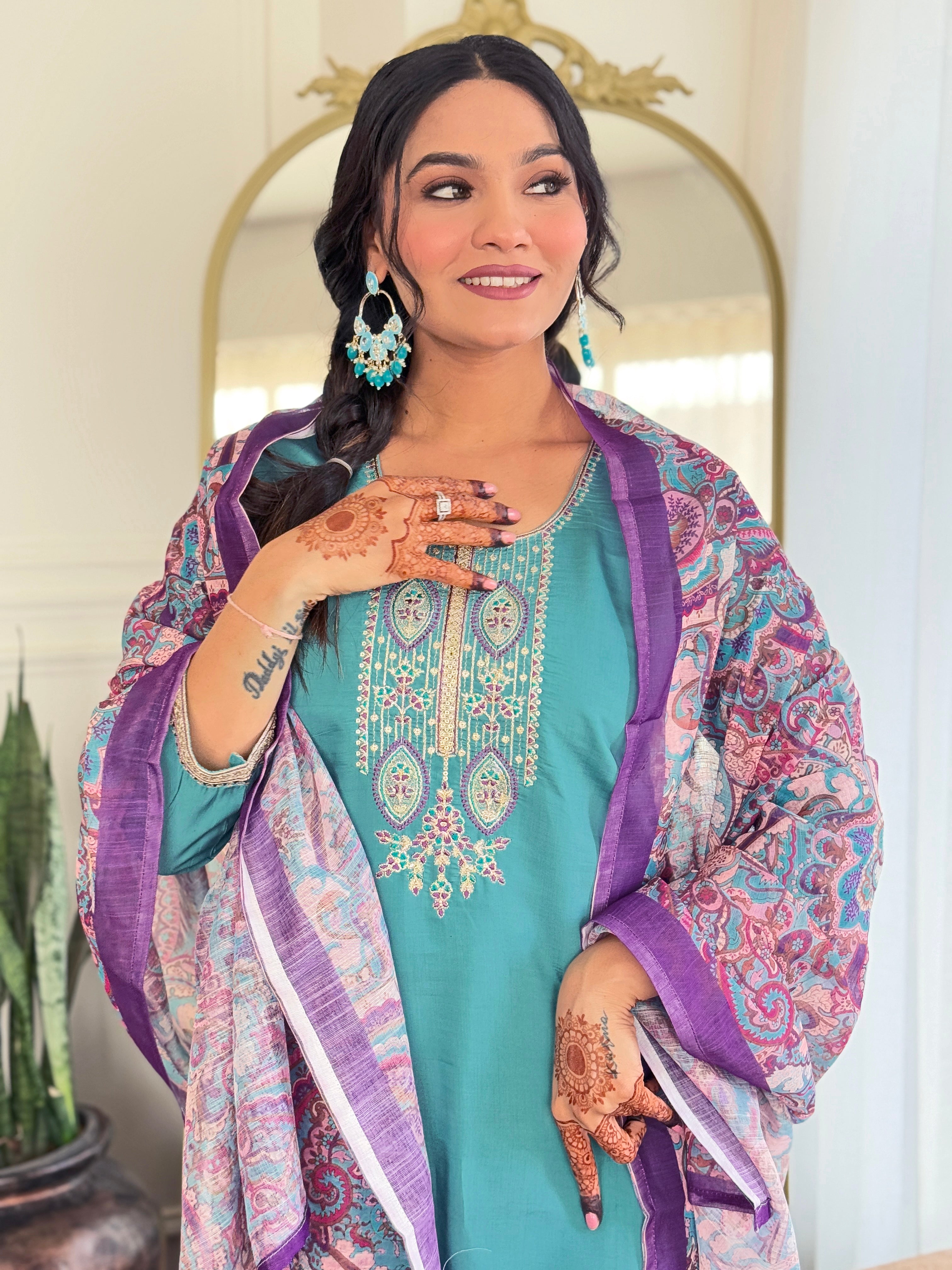 Light blue kurta featuring an elegantly printed dupatta