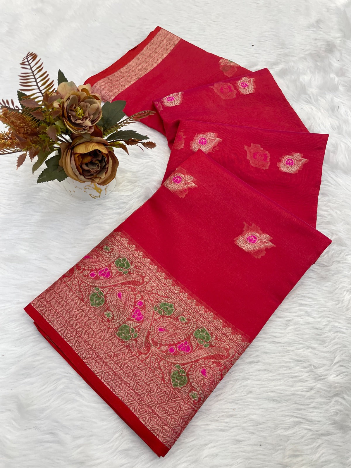 orgenza Red saree with floral patterns 