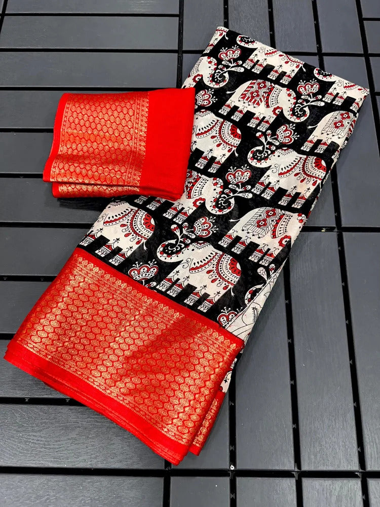 Saree with elephant pattern and red border on a black and white 