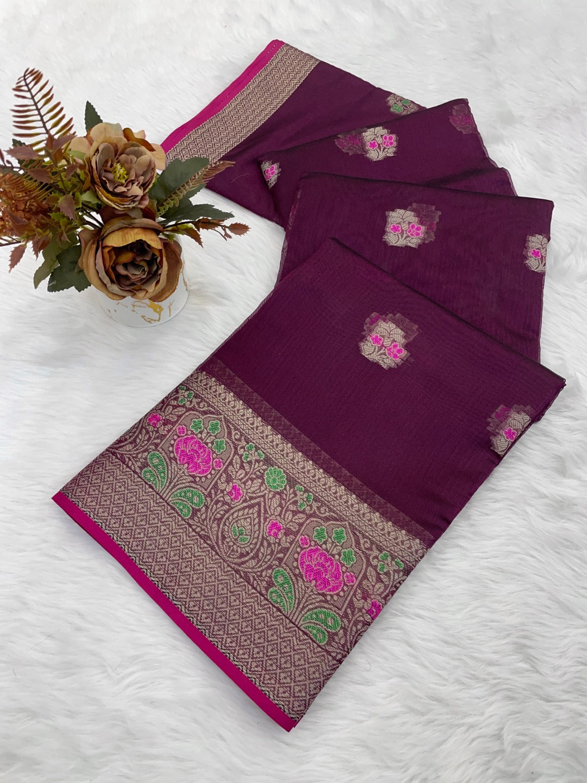 organza Red saree with floral patterns