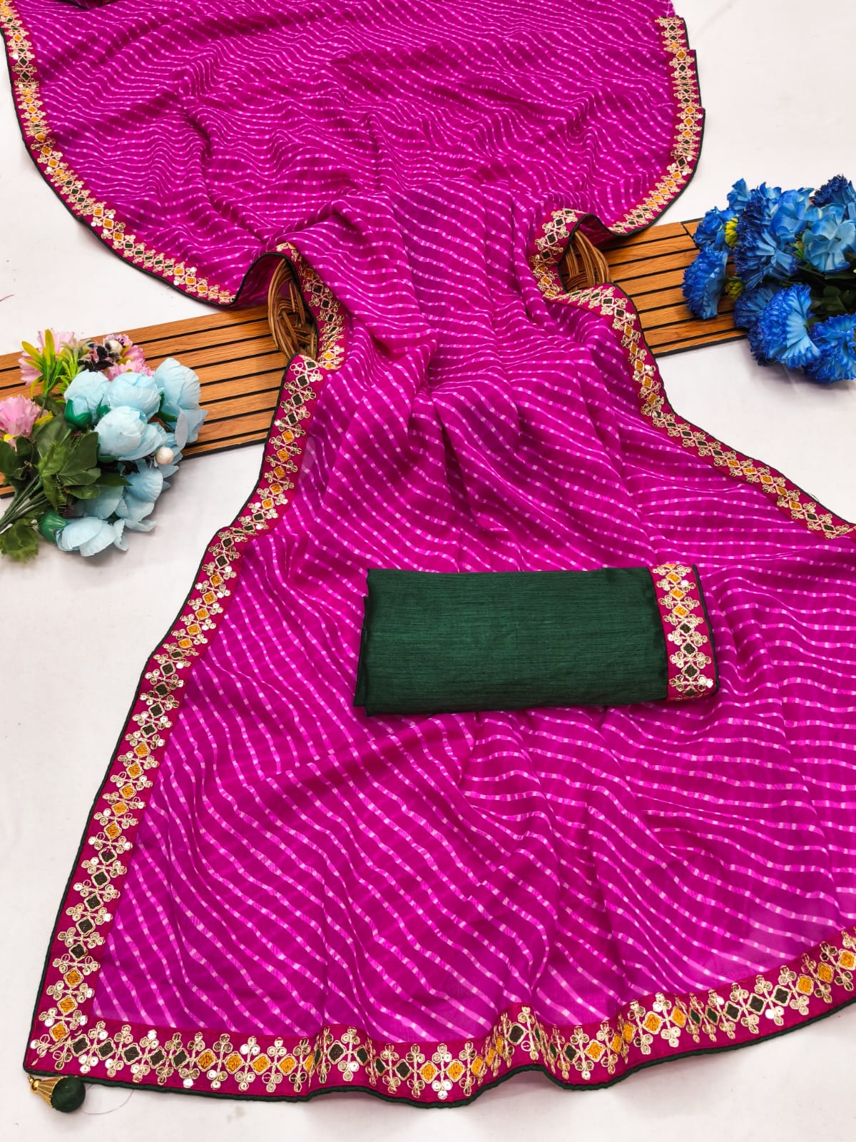 Lehriya saree Premium Georgette Saree with Intricate Embroidery Lace Border