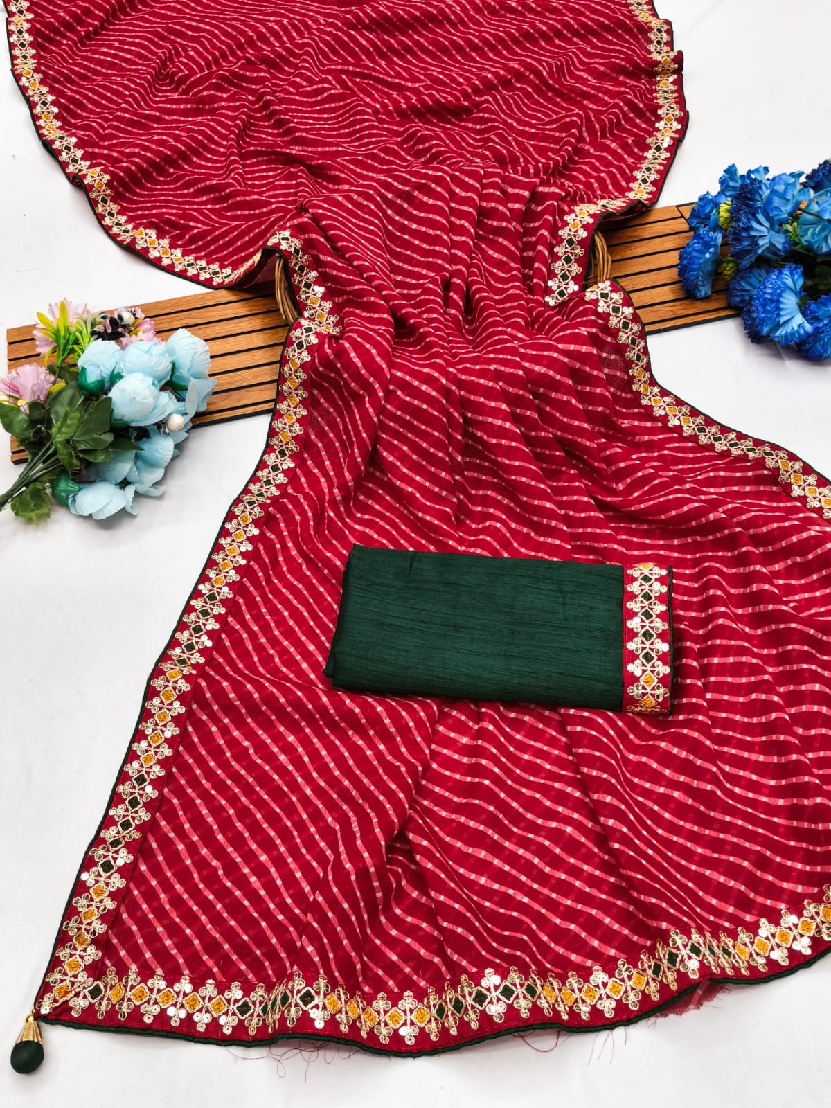 Lehriya saree Premium Georgette Saree with Intricate Embroidery Lace Border