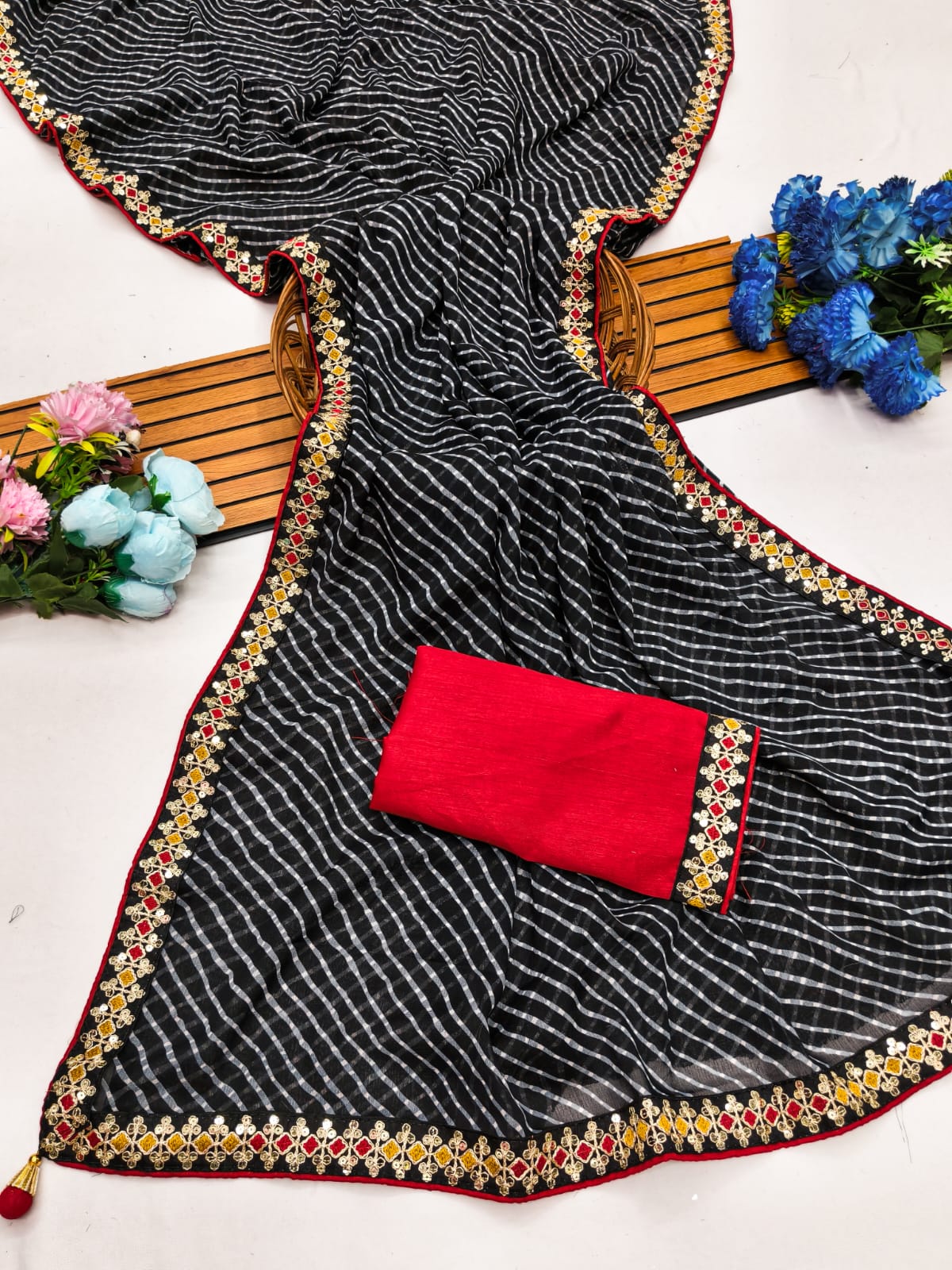 Lehriya saree Premium Georgette Saree with Intricate Embroidery Lace Border