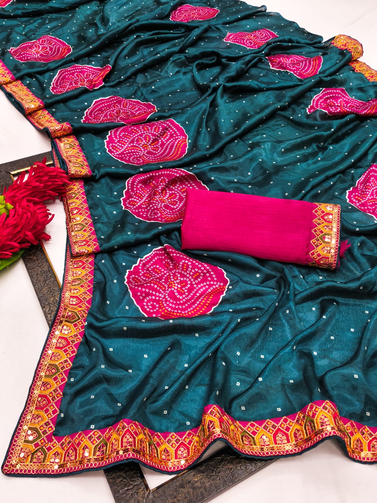 badhani printed saree with embroidery lace