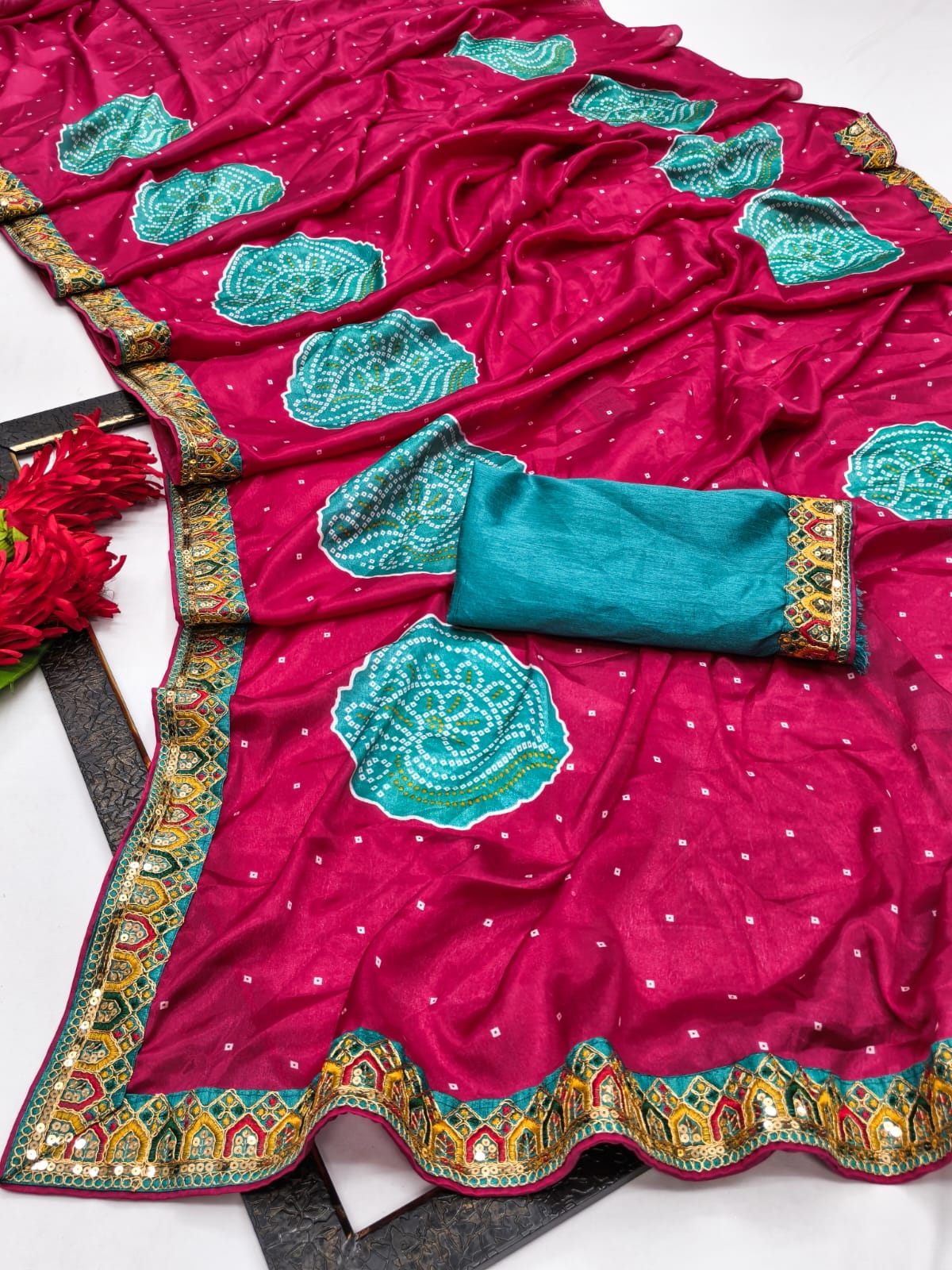 badhani printed saree with embroidery lace