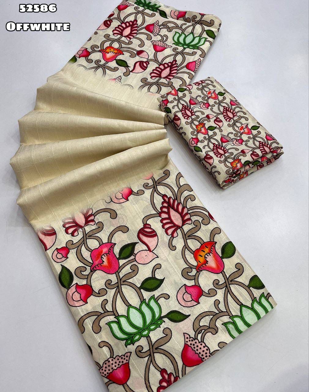 Handloom tussar silk with pichwai lotus digital printed border & pallu comes with tussle