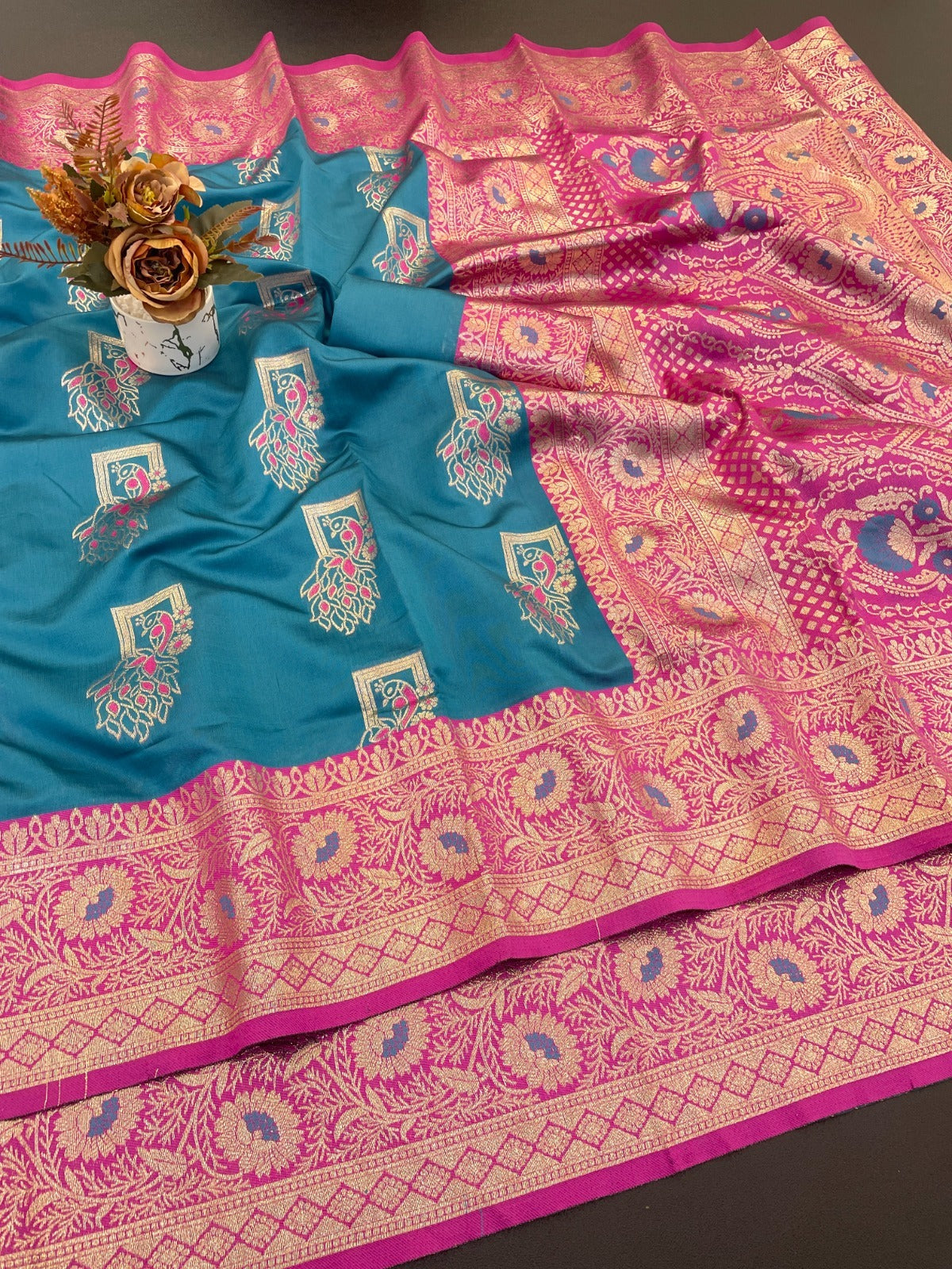 Soft Pethani silk saree with zari weaving  design and Meenakari  weaving Rich pallu with Meenakari weaving border.