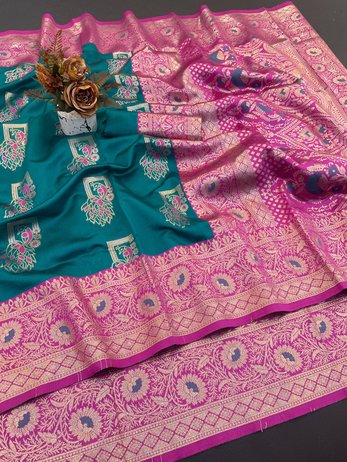 Soft Pethani silk saree with zari weaving  design and Meenakari  weaving Rich pallu with Meenakari weaving border.