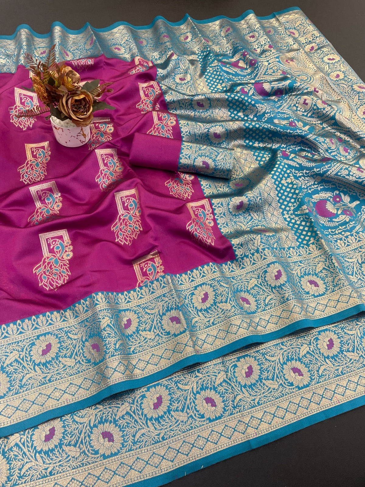 Soft Pethani silk saree with zari weaving  design and Meenakari  weaving Rich pallu with Meenakari weaving border.
