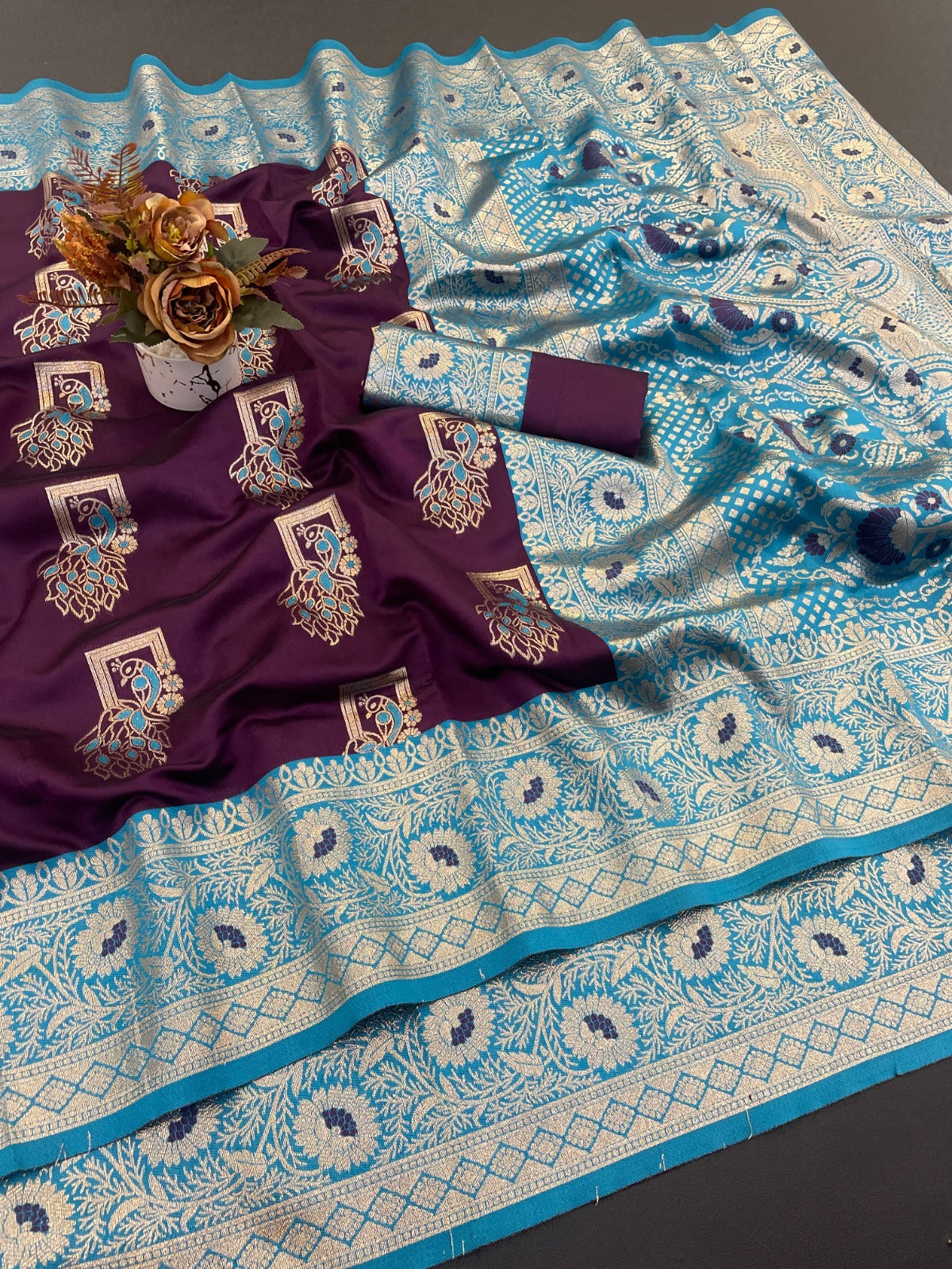 Soft Pethani silk saree with zari weaving  design and Meenakari  weaving Rich pallu with Meenakari weaving border.