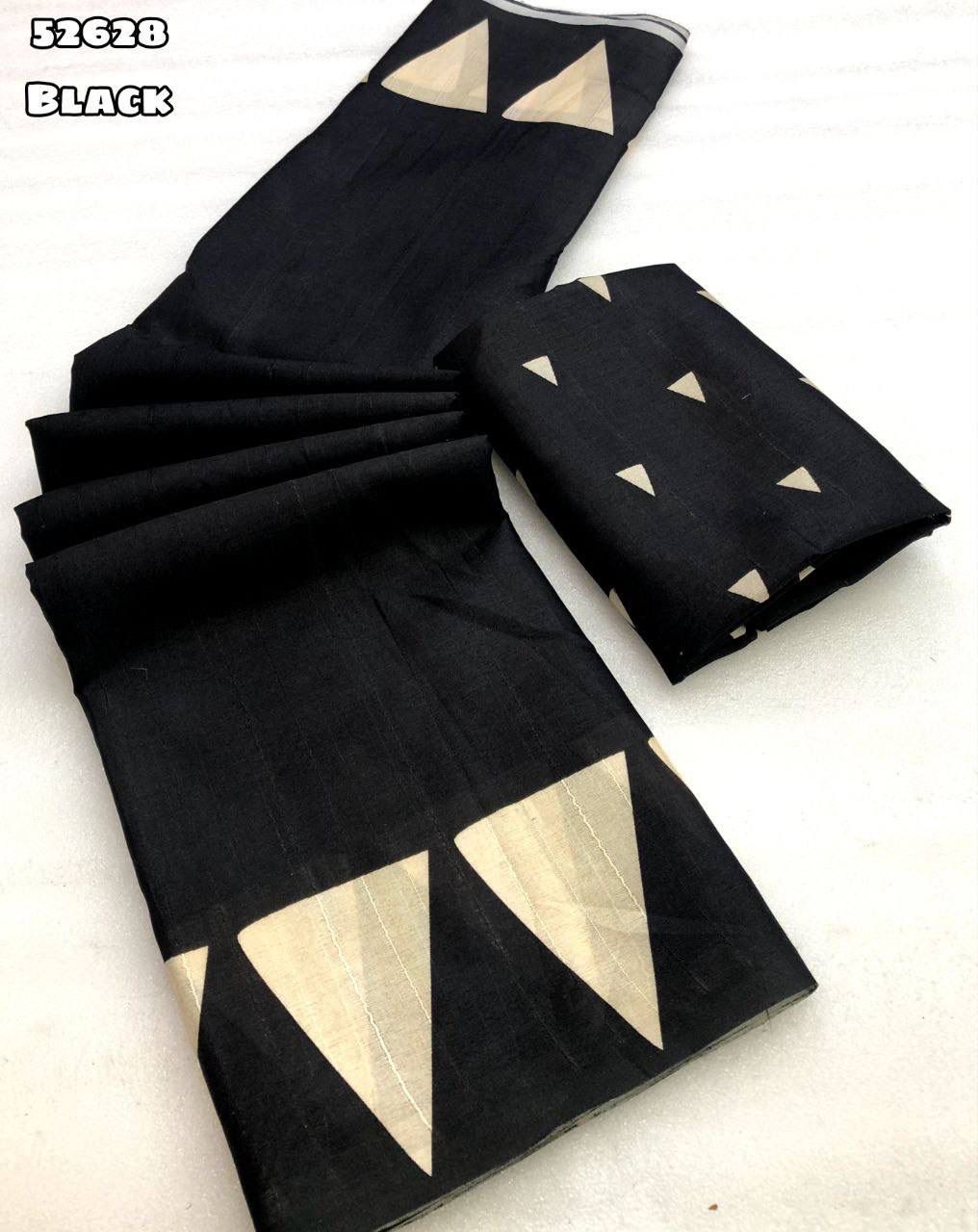Black fabric with beige triangle patterns tussar silk ajrakh style printed saree 