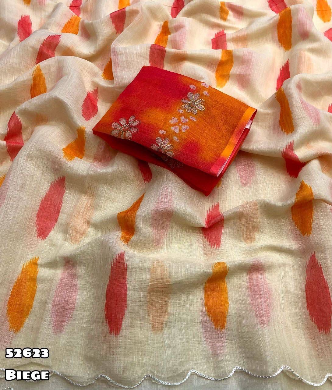 Beige linen fabric with red and orange saree