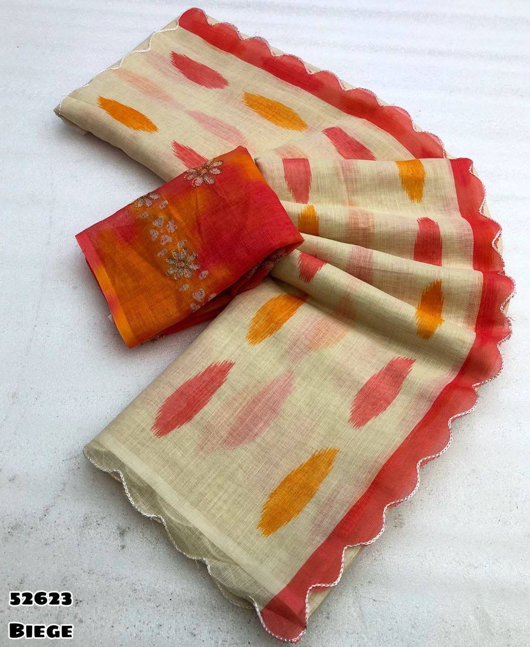 Beige linen fabric with red and orange patterns