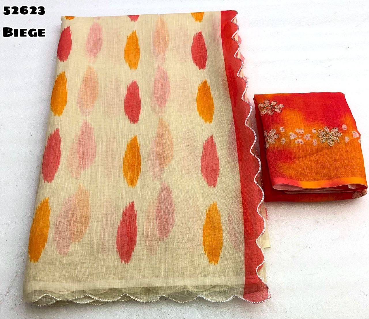 Beige linen fabric with red and orange saree