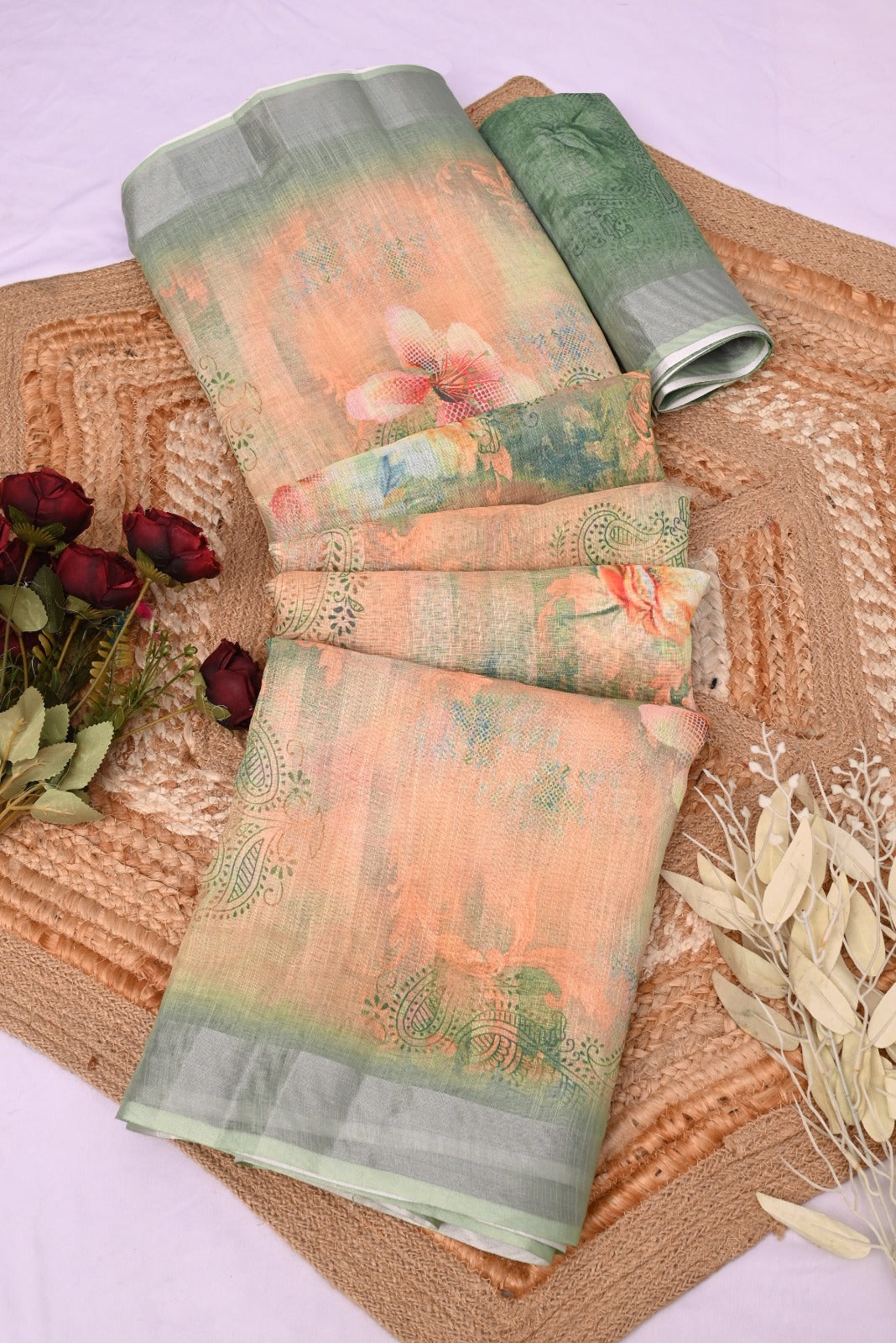 linen  fabric with floral pattern saree