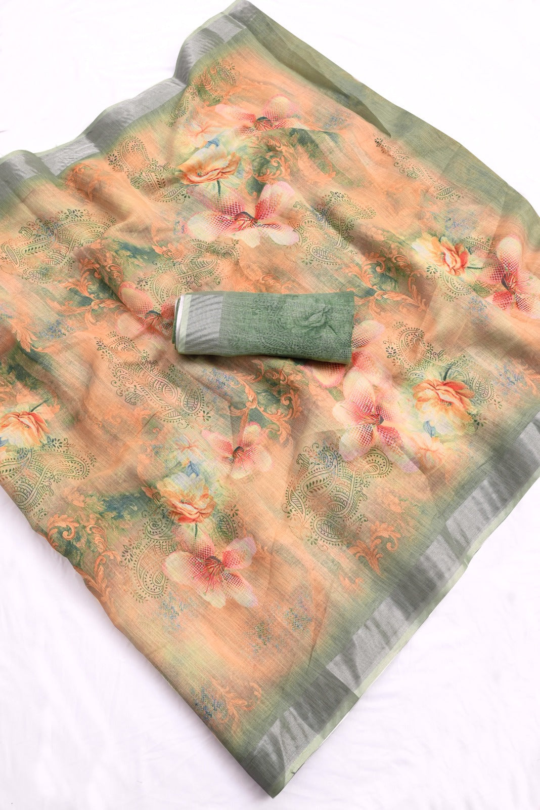 linen  fabric with floral pattern saree