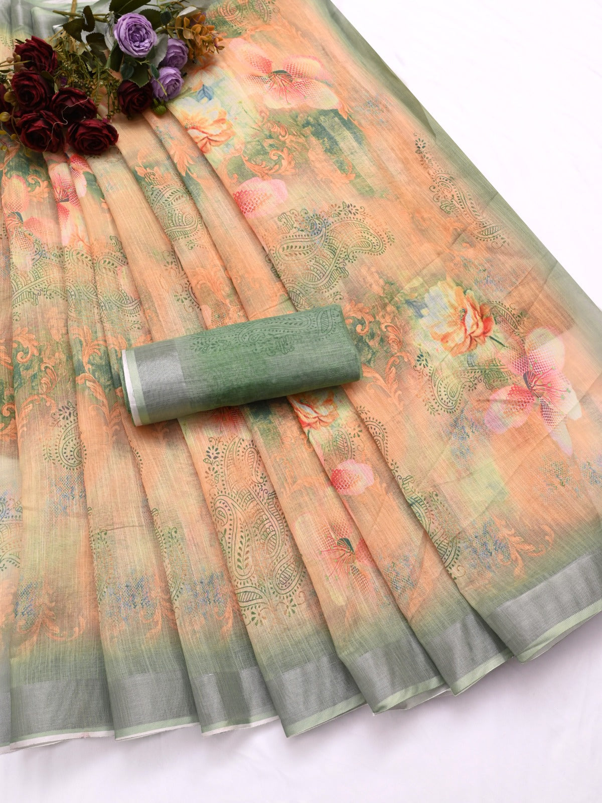 linen  fabric with floral pattern saree