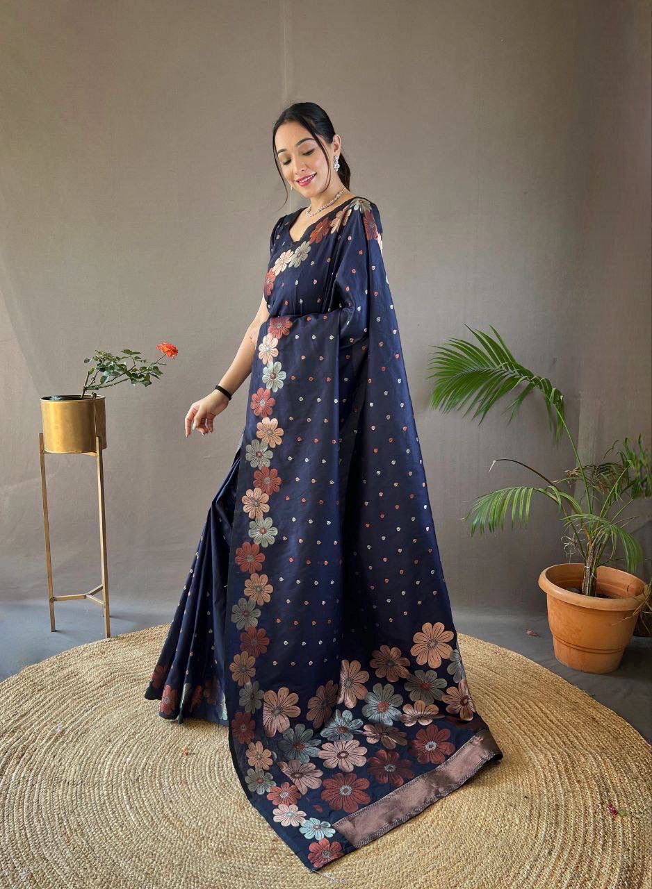  a navy blue floral saree 