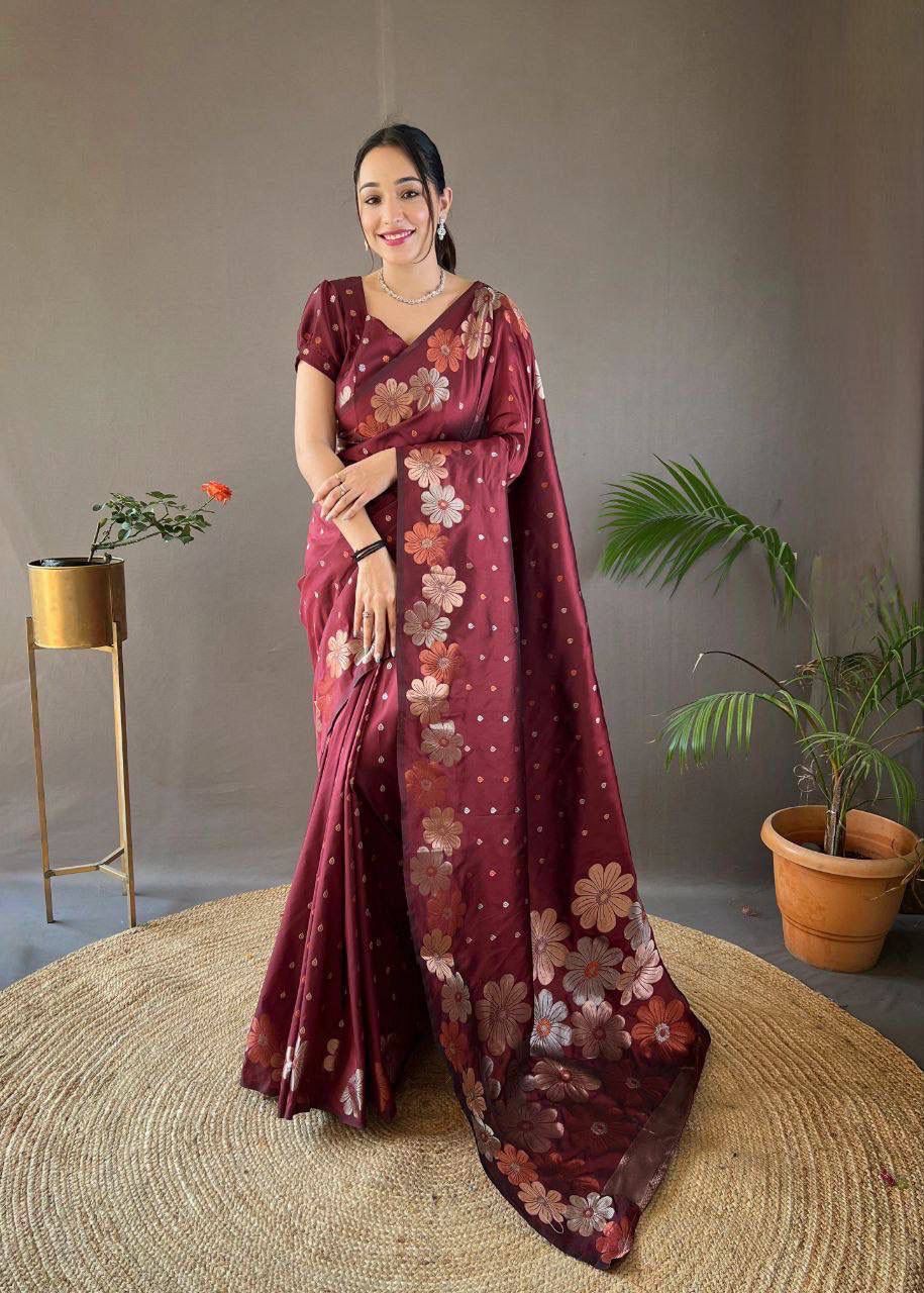 maroon saree with floral patterns 